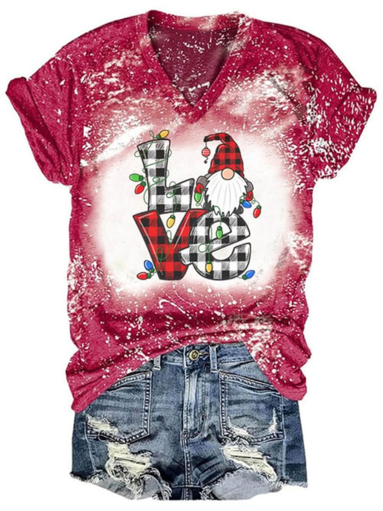 Christmas Check Love And Gnome Print T Shirt