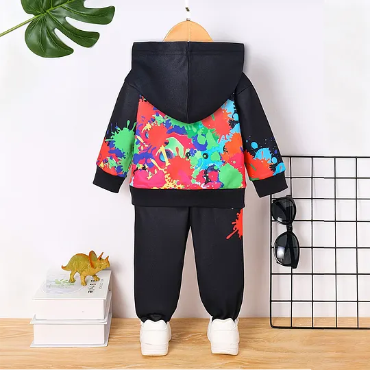 【6M-3Y】Boys Fleece Hooded Cartoon Dinosaur Print Long-Sleeve Top And Pants Set