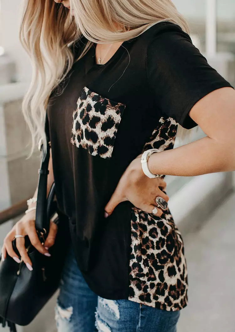 Leopard Printed Splicing T-Shirt Tee without Necklace