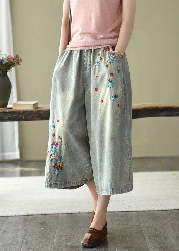 Comfy Grey Embroidered Wide Leg denim Pants For Women