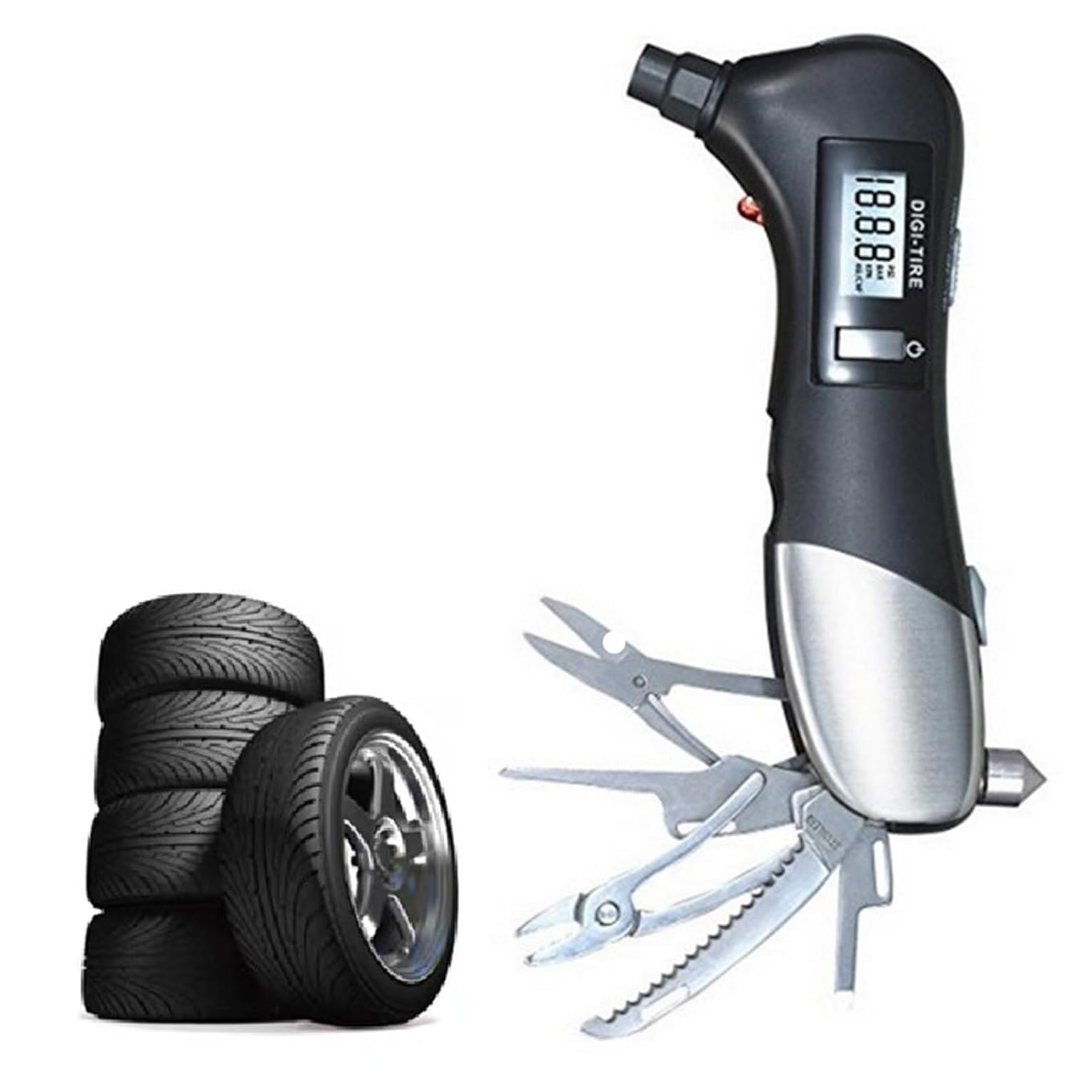 Vaguelly Digital Tire Pressure Gauge, 2-150PSI, Emergency Tools for Cars, Trucks, Bicycles, 9 in 1 Muntifunction Pressure Measure Instrument with Flashlight Window Hammer