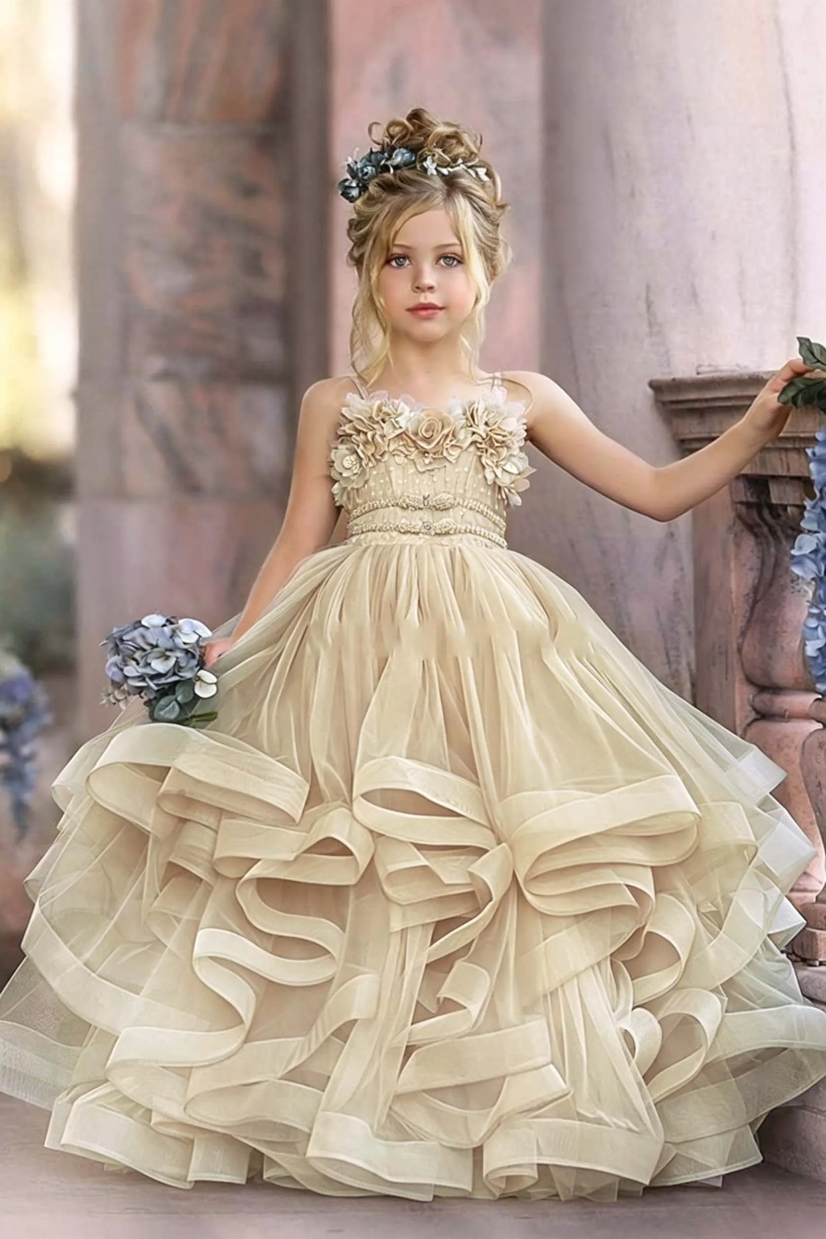 Daisda Dusty Blue Sleeveless Spaghetti Straps Flower Girl Dresses Tulle with Lace Crystal Appliques Sequins