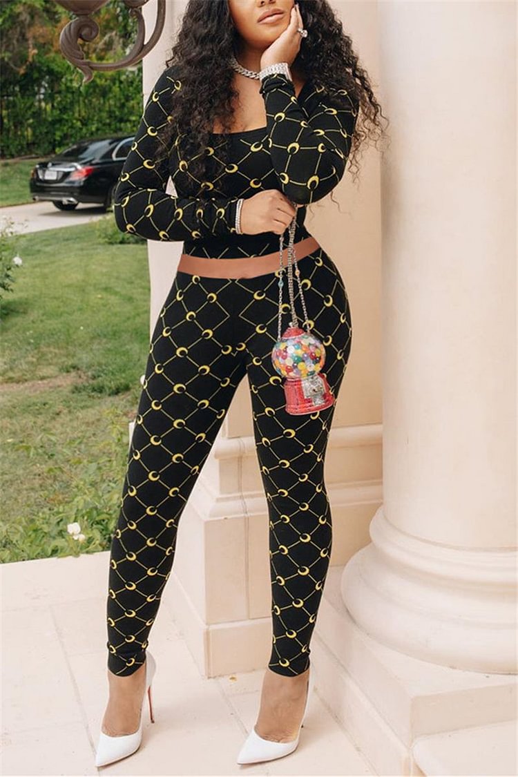Fashion Casual Long Sleeve O Neck Regular Sleeve Short Print Two Pieces - BlackFridayBuys