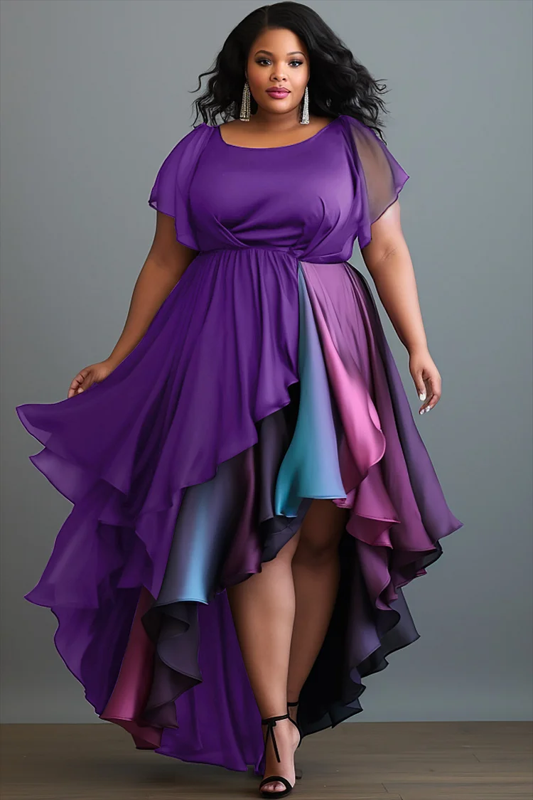 Xpluswear Design Plus Size Wedding Guest Purple Round Neck Asymmetric Hem Midi Dresses