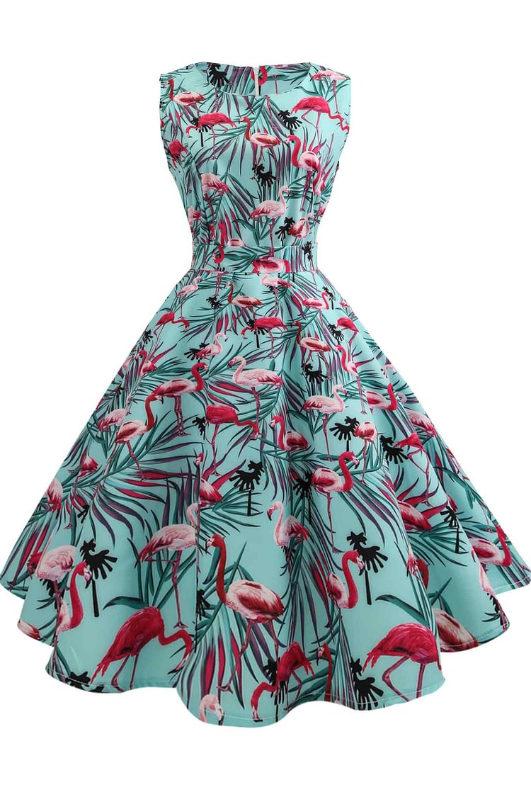 Flamingo Print Vintage Sleeveless A-line Dress - Life is Beautiful for You - SheChoic