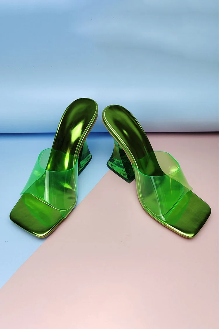 Chunky Clear Block High Heel Square Toe Slippers