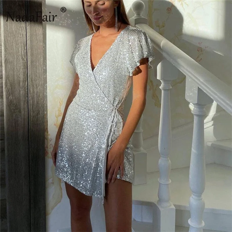 UForever21 Sequin Dresses For Women 2023 Tie Up Elegant White Summer Vestidos Short Sleeve Club Night Mini Short Party Dresses