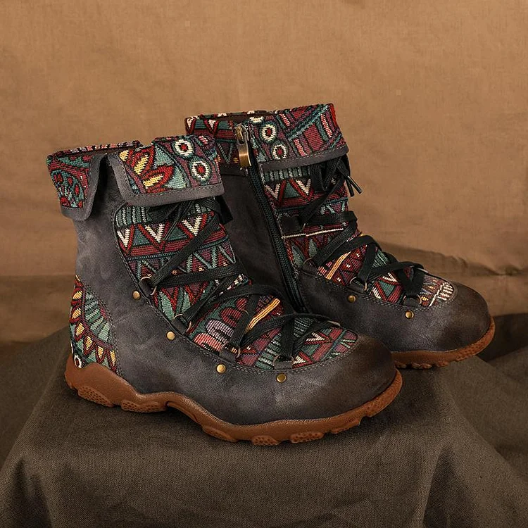 Bohemian Splicing Jacquard Lace Up Zipper Flat Ankle Boots