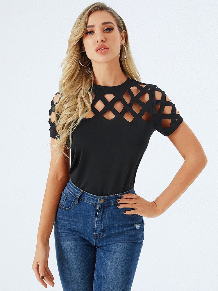 Solid Fishnet Short Sleeve Crew Neck Casual T-shirt - BlackFridayBuys