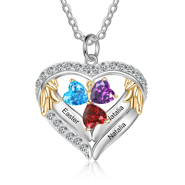 Personalized Diamond Heart Necklace with 3 Birthstones Wings Necklace