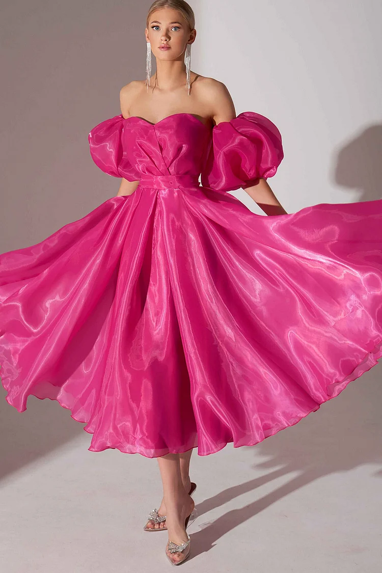 Elegant Off The Shoulder Puff Sleeve Midi Dress-Rose Red [Pre-Order]