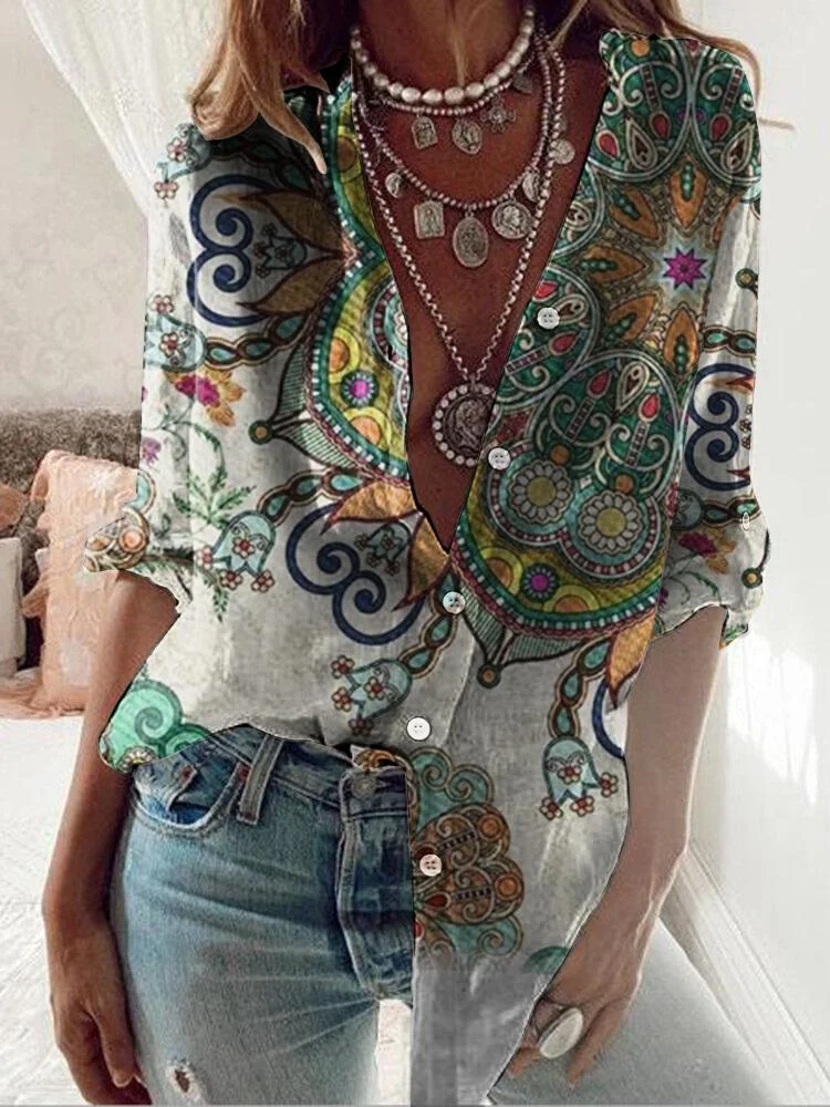 Bohemian print casual long-sleeved shirt