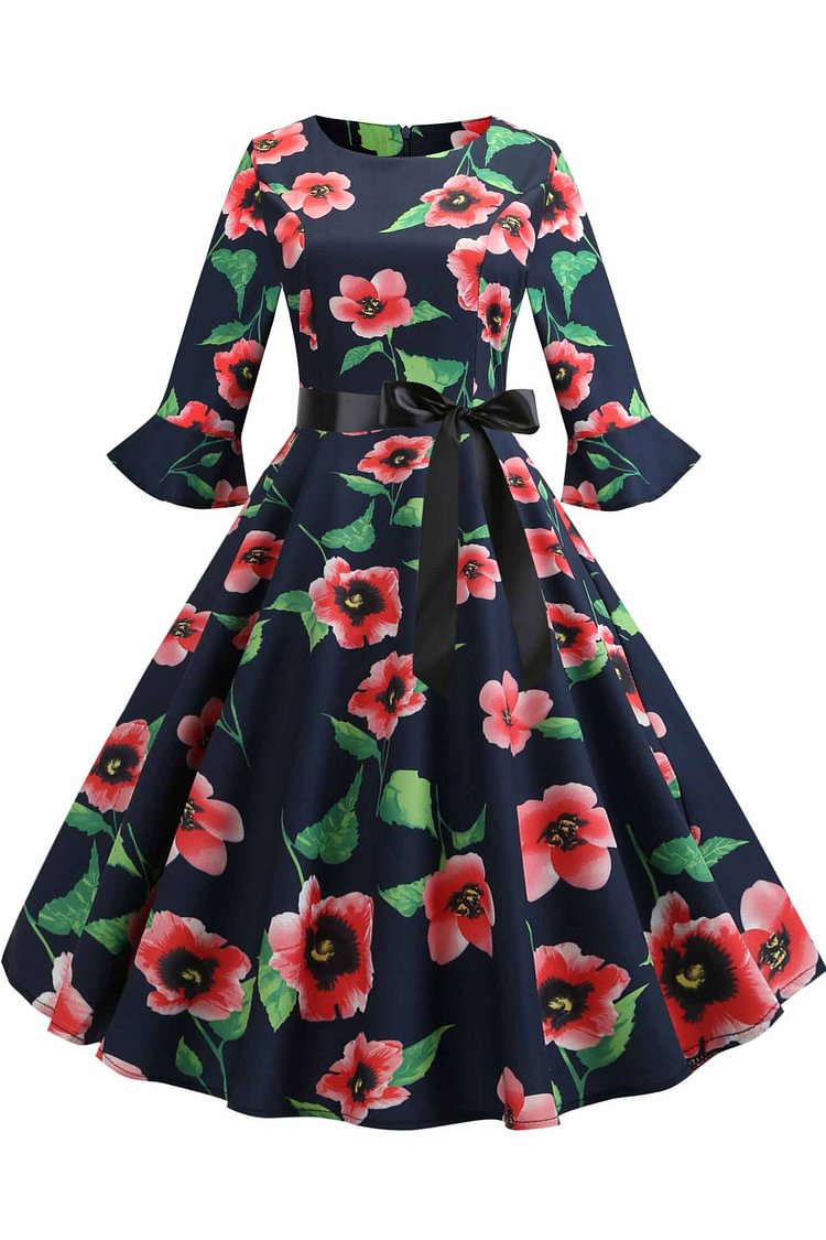 Floral Print Boatneck A-line Dress - BlackFridayBuys