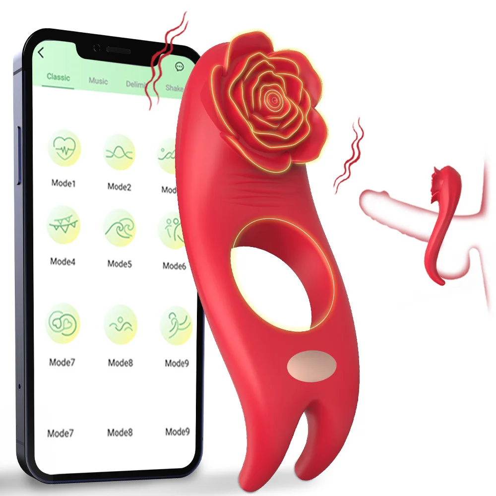 Rose App Remote Control Lock Sperm Ring Vibrator 9-mode Double Ring Penis Hard Enhancement Clitoral Stimulation Couple's Interest