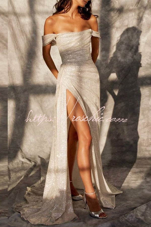Off Shoulder Backless Satin Dress With Slit Marigold Plus Size