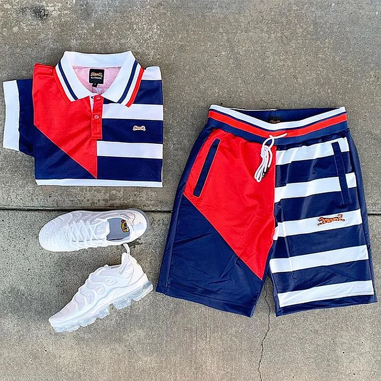 Blue striped casual sports shorts set