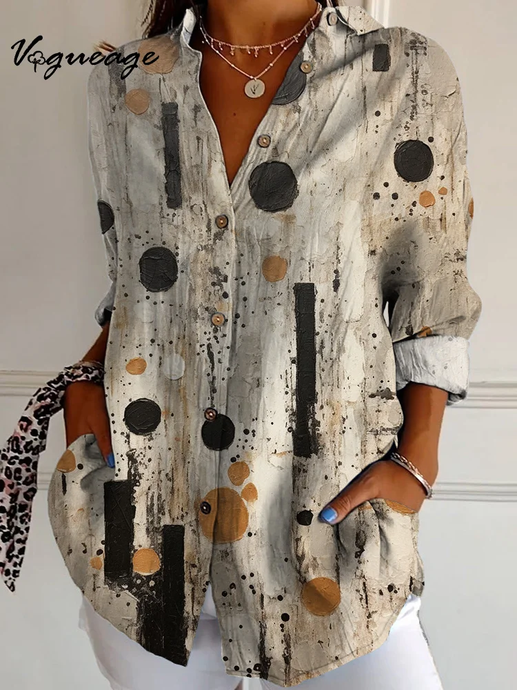 Simple Oil Painting Style Geometric Pattern Long Sleeves Printed Cotton And Linen Shirt