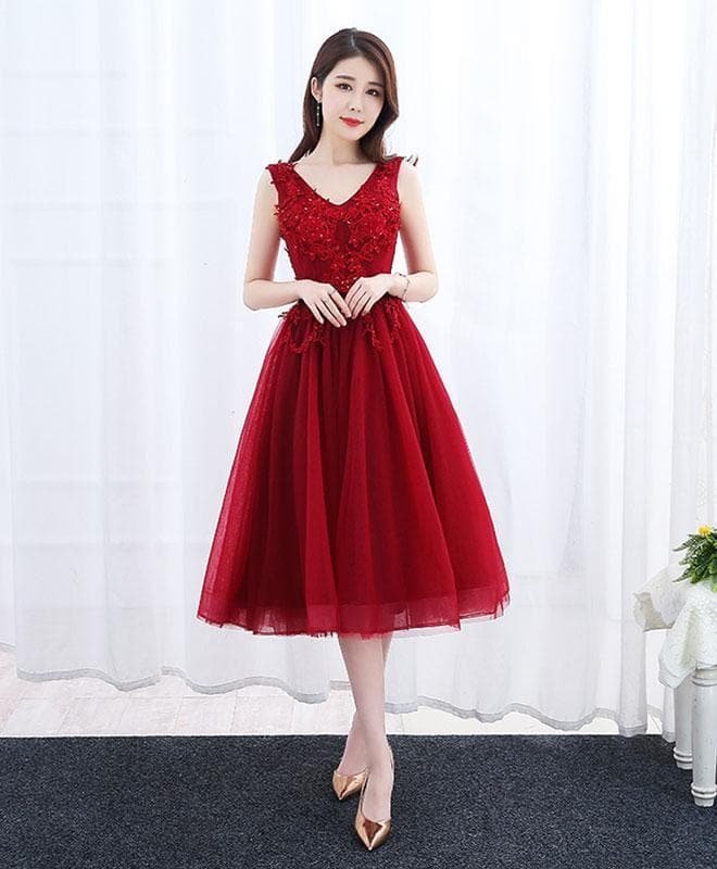 Burgundy V Neck Tulle Short Prom Dress, Lace Evening Dress