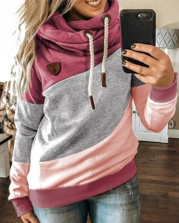 Long Sleeve Hooded Color-block Sweatshirt