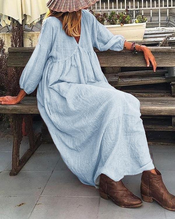 Solid Lantern Sleeve Loose Pleated V Neck Maxi Dress - Chicaggo