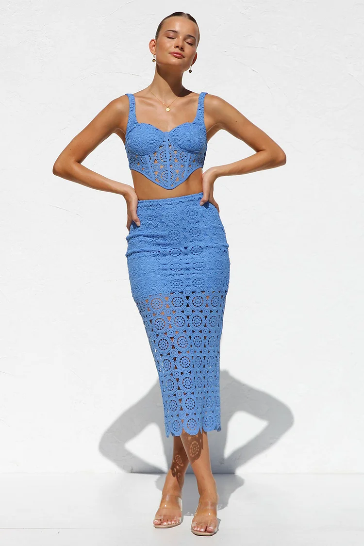 Lace Cami Corset Crop Top Fishtail Slit Midi Dress Vacation Matching Set