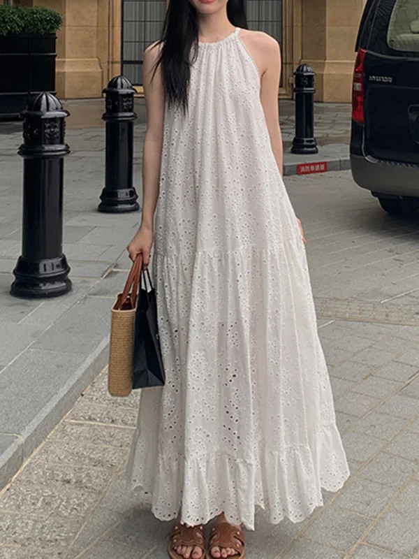 Sleeveless Hollow Pleated Round-Neck Maxi Dresses