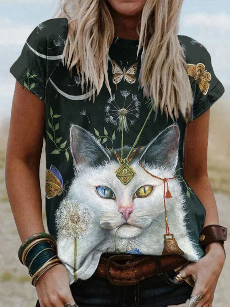 Tribal Viking Cat Print Short Sleeve T-Shirt