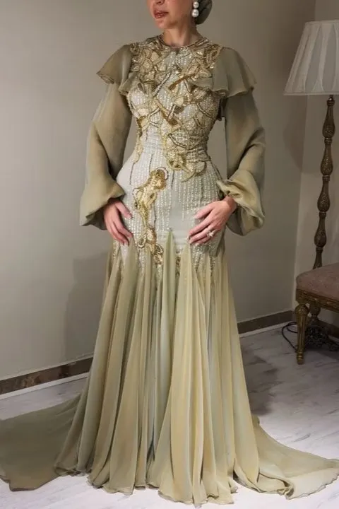 Glamorous Dusty Sage Chiffon Jewel Neck Long Sleeves Long Pleated Prom Dress With Embroidery And Sequins | WQ0890 Wellcucu
