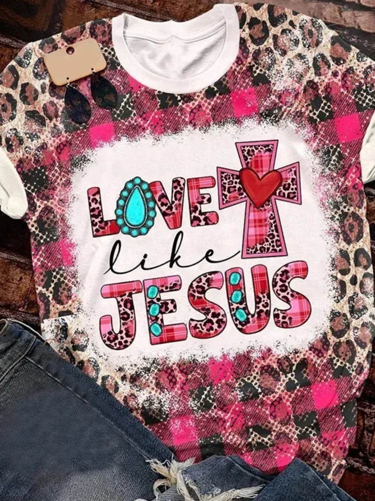Vefave Love Like Jesus Cross Leopard Print T Shirt