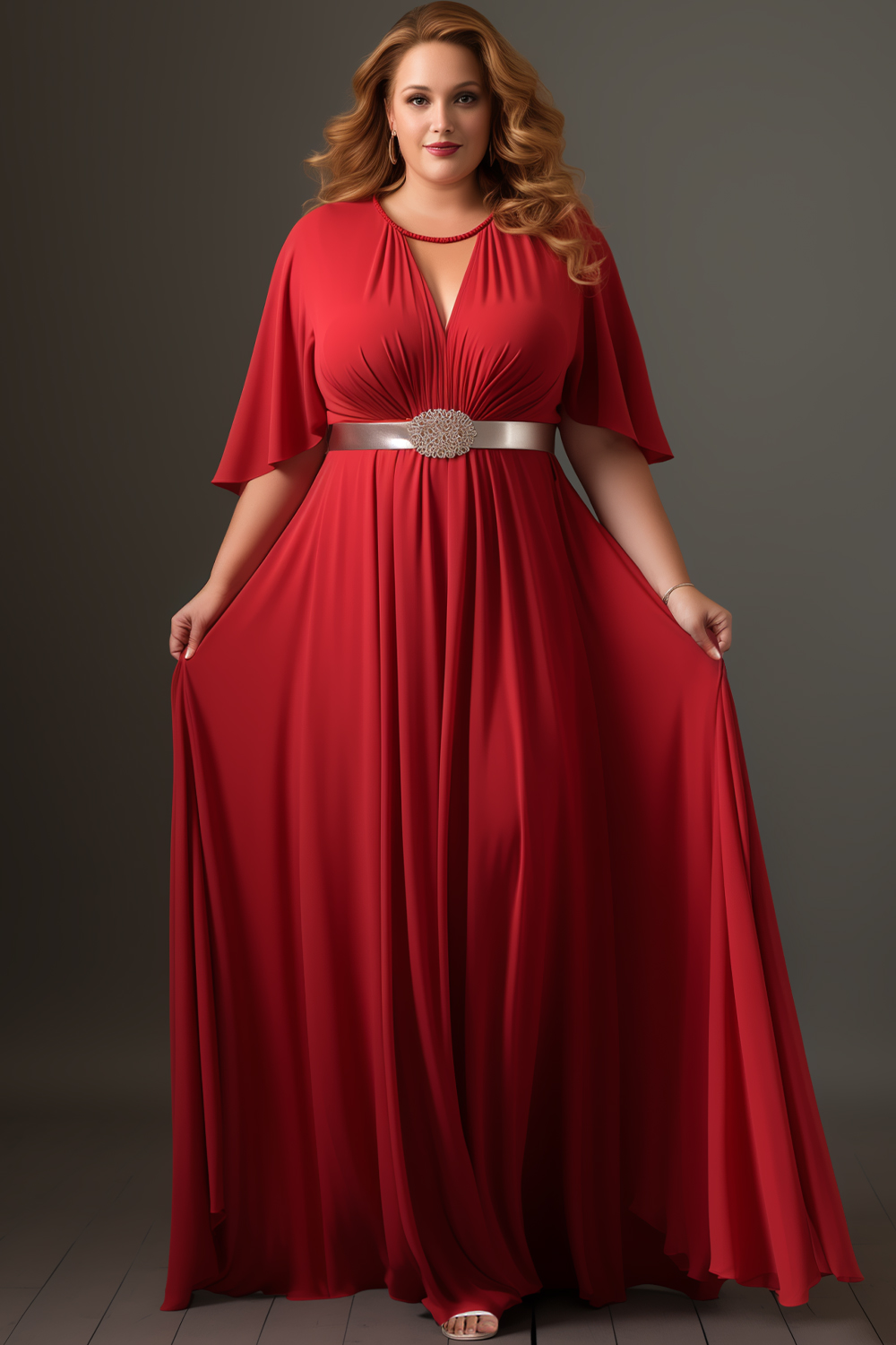 Flycurvy Plus Size Mother Of The Bride Red Flutter Sleeve Empire Waist 