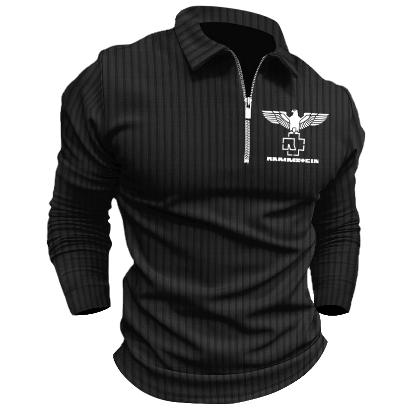 Men's Rammstein Polo Zip Shirt Stripe Long Sleeve Lapel T-Shirt Casual Fit Tops / TECHWEAR CLUB / Techwear