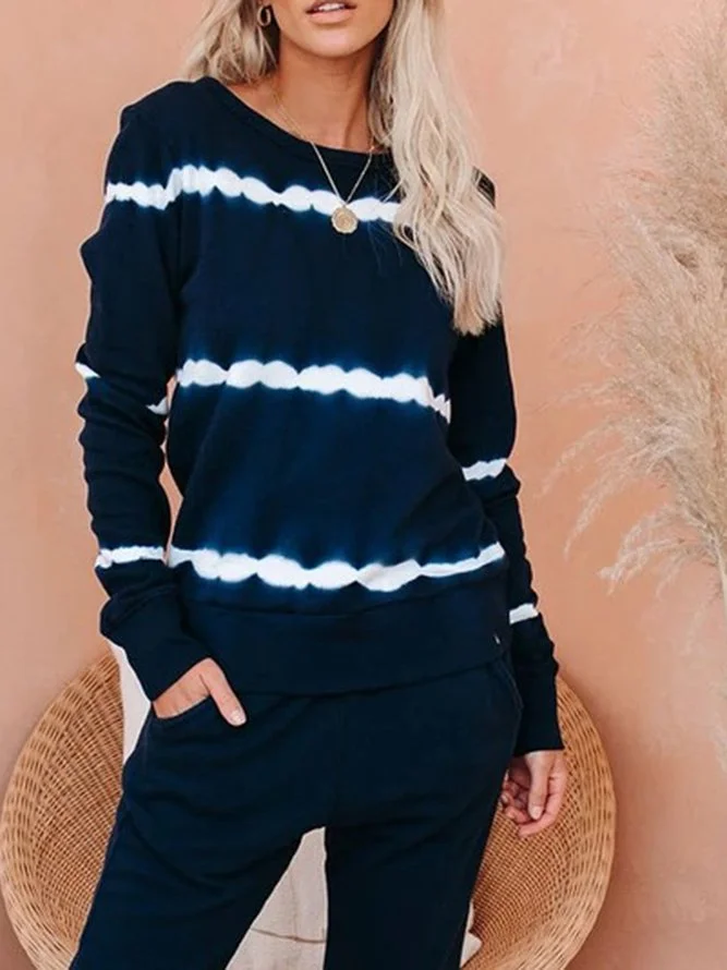 Navy Blue Long Sleeve Printed/dyed Crew Neck Shirts & Tops Zaesvini