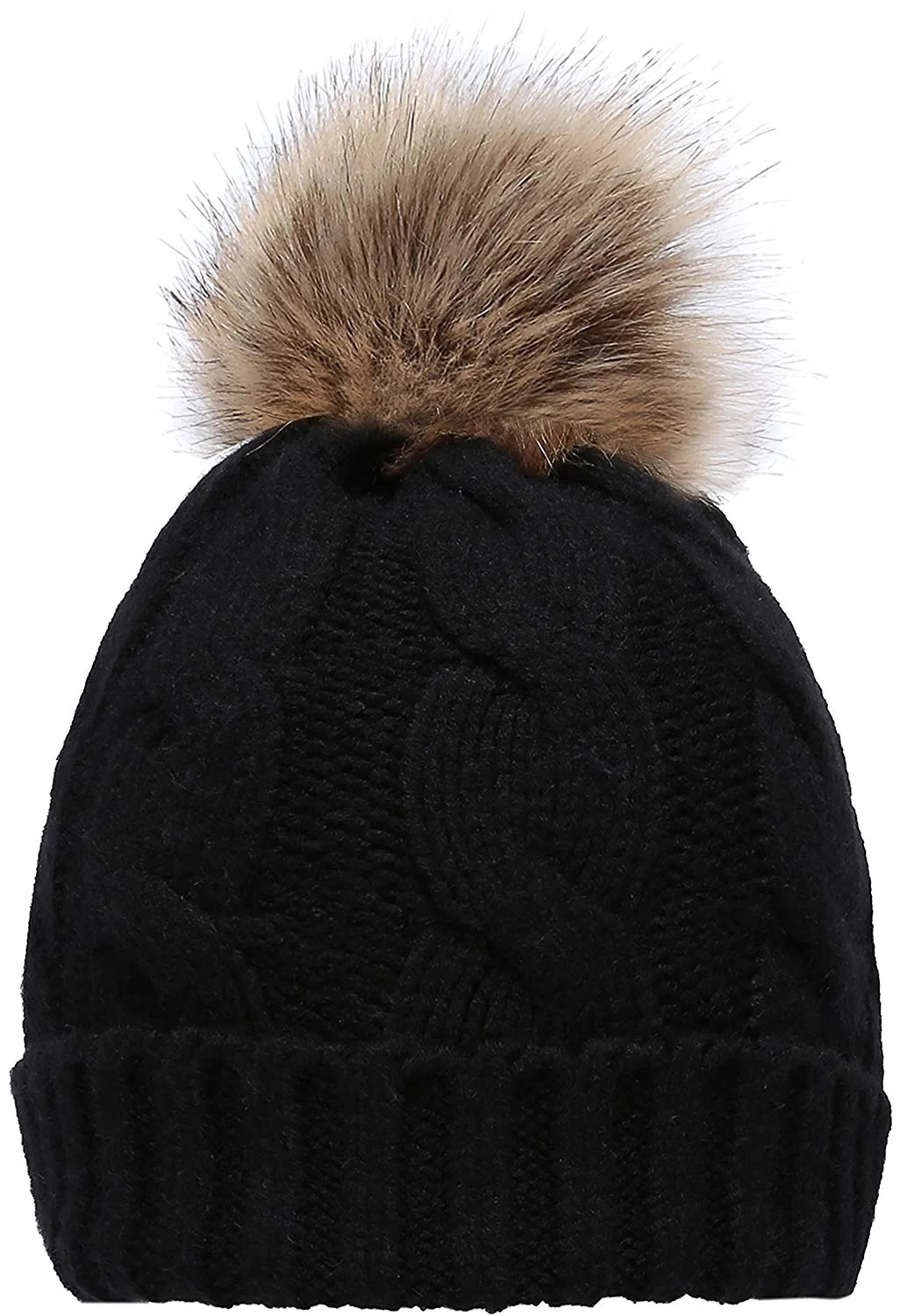 Winter Ribbed Knit Faux Fur Pompoms Chunky Lined Beanie Hats For  Women's