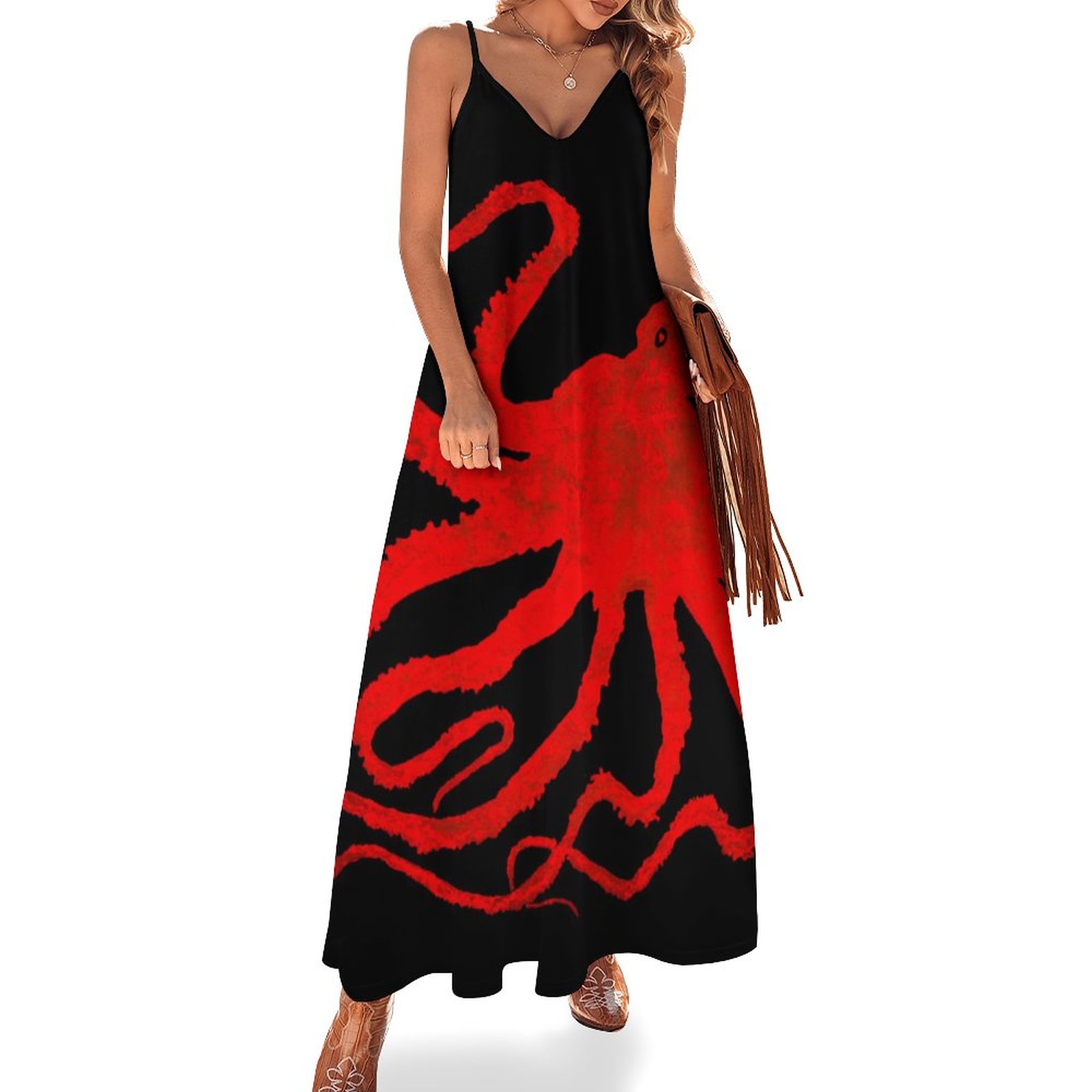 Jackies Octopus Women's Casual Strappy V Neck Sleeveless Flowy Loose Long Maxi Beach Dress Sundress Black Red-3XL