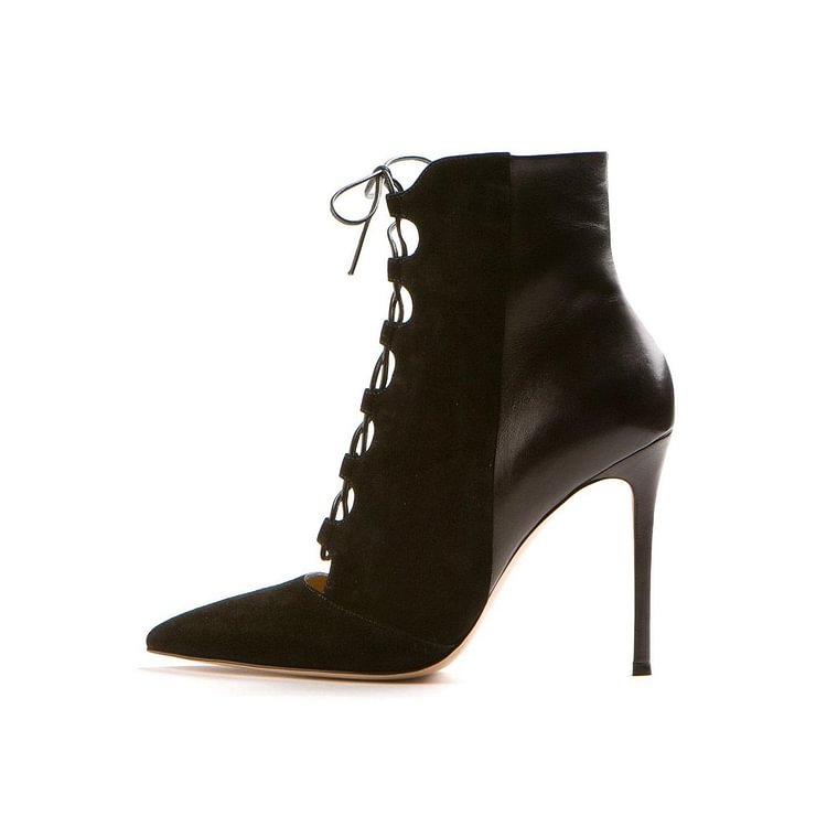 Fashion Black Lace Up Boots Suede Stiletto Heel Pointy Toe Ankle Boots |FSJ Shoes