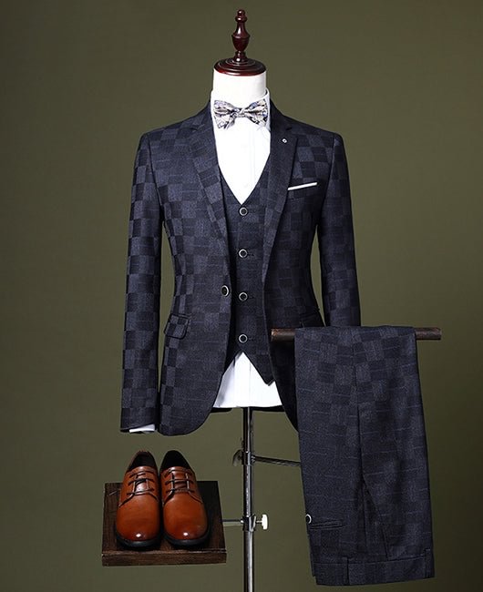 Basic Plaid Print Lapel Collar Blazer & Blazer Vest & Pants 3pcs Set
