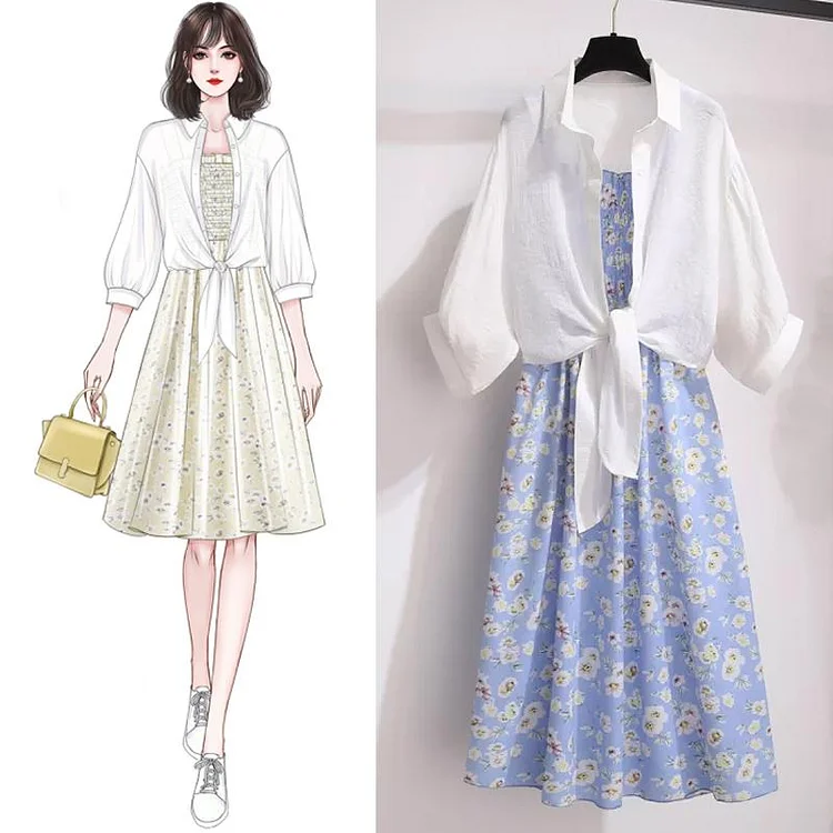 Floral Spaghetti Strap Dress+Mesh Cardigan P11984