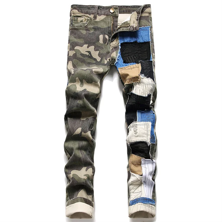 Patch Ripped Jeans Straight Camouflage Patchwork Denim Pants