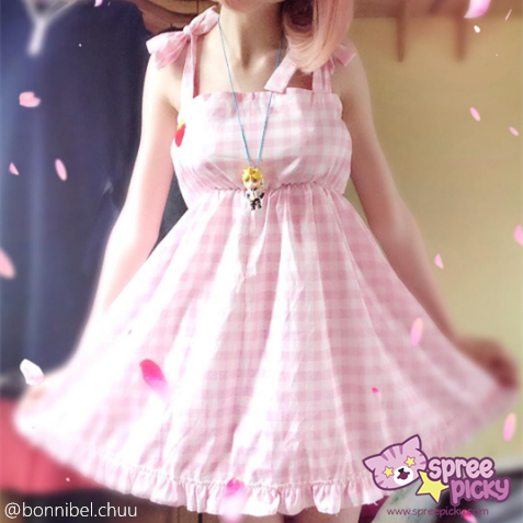 Pastel Pink Grids Strawberry Suspender Dress SP166075
