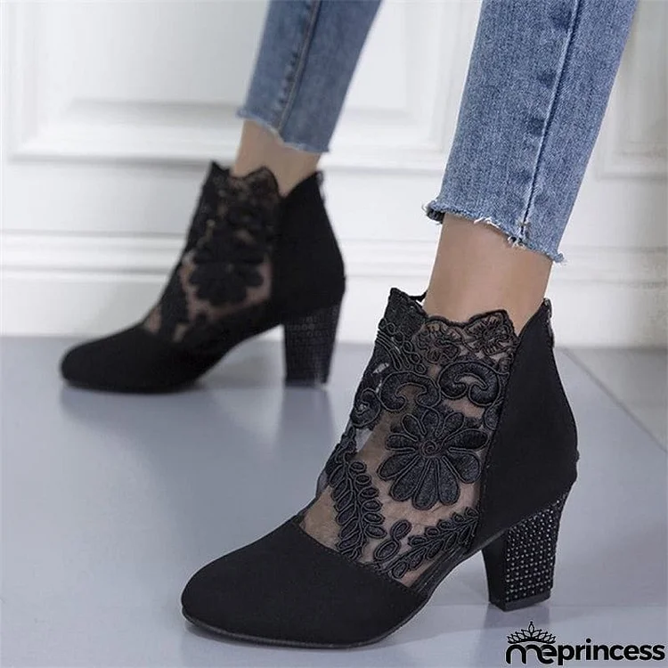 Sexy Lace Back Zipper Chunky Heels Pumps for Women