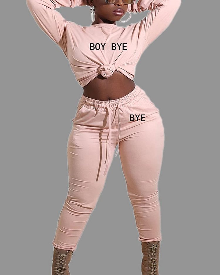 Letter Embroidered Drawstring Waist Top & Pants Set - Shop Trendy Women's Clothing | LoverChic