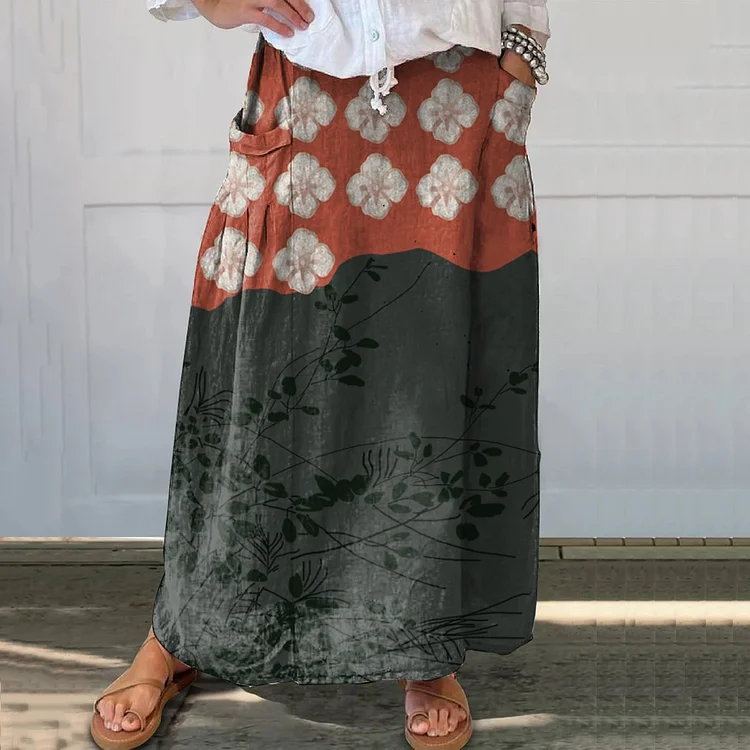 Comstylish Japanese Art Flower Print Loose Skirt