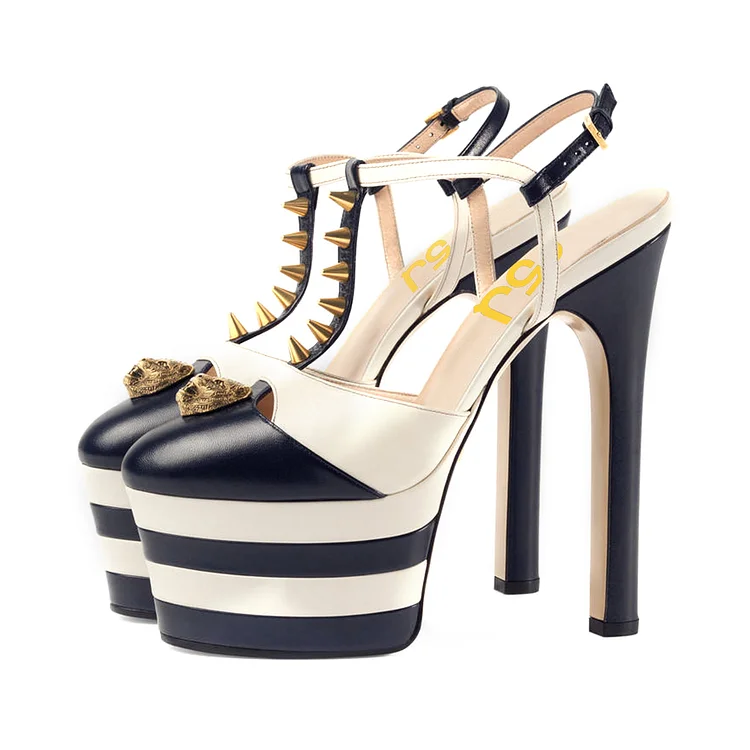 Black and White Heels Slingback Platform Sandals High Heels Shoes |FSJ Shoes