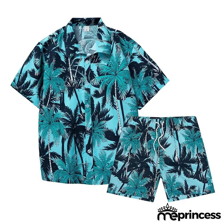 Men Fashion Print Short Sleeve Beach Shirt And Shorts Two-Piece Set