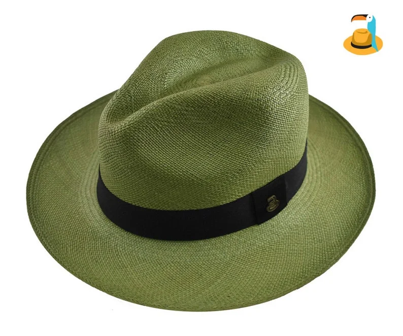 Green Classic Fedora | Genuine Panama Hat | Toquilla Straw | Handwoven in Ecuador - EA - HatBox Included
