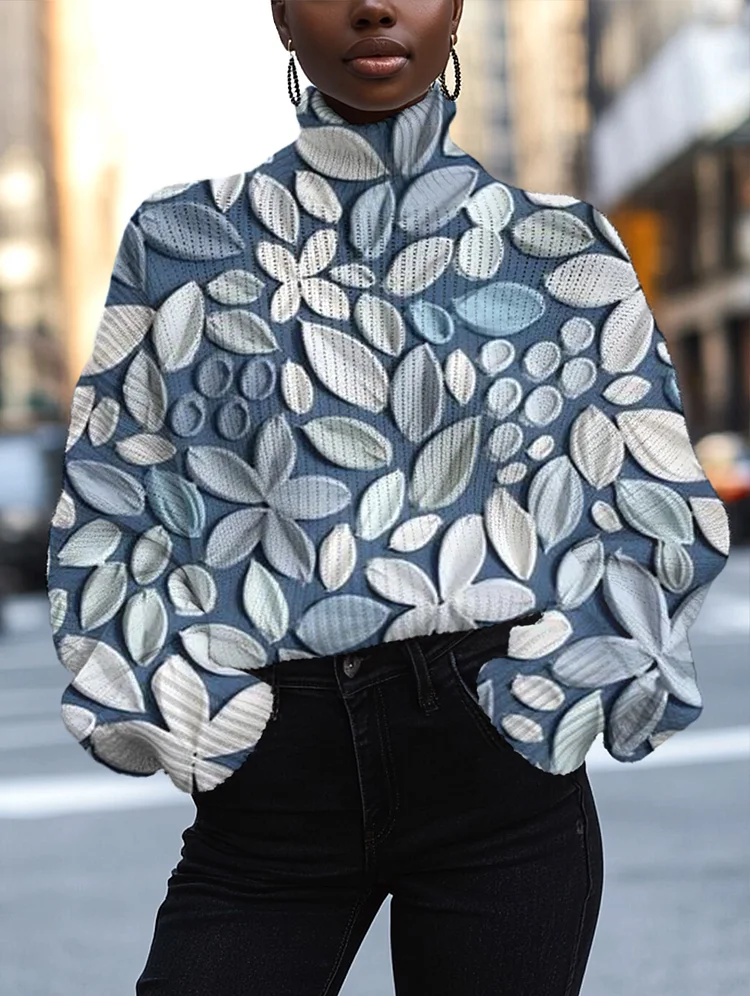 Women's Flower Oil Painting Print High Neck Knit Sweatshirt