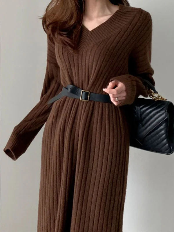 Original Creation Long Sleeves Roomy Pure Color V-Neck Sweater Dresses