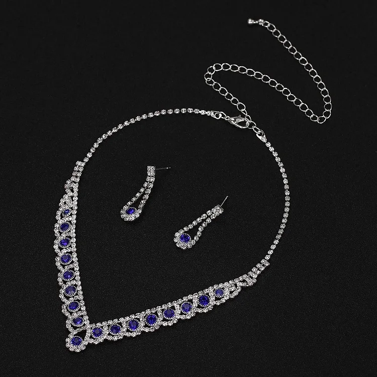Wedding Blue Rhinestones Necklace Earrings Jewelry Set  Flycurvy [product_label]