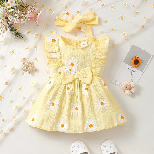 【0M-24M】Girls' Ditsy Daisy Print Flutter Sleeve Bow Dress + Headband