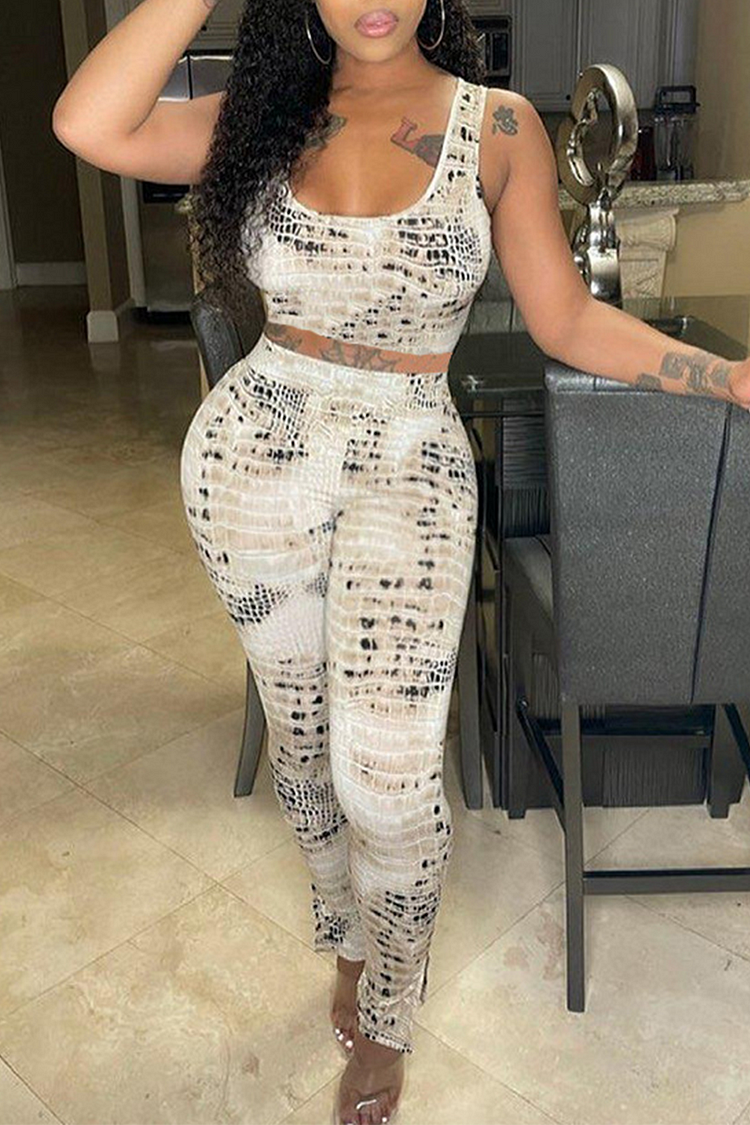 Sexy Print Split Joint U Neck Sleeveless Two Pieces - BlackFridayBuys